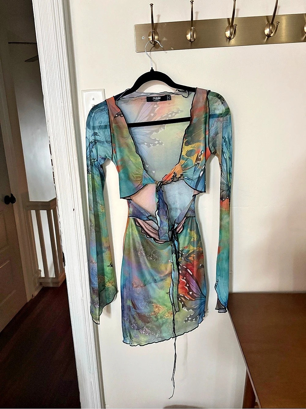 Jaded Abstract Sheer Tie-Front Mini Dress US 2